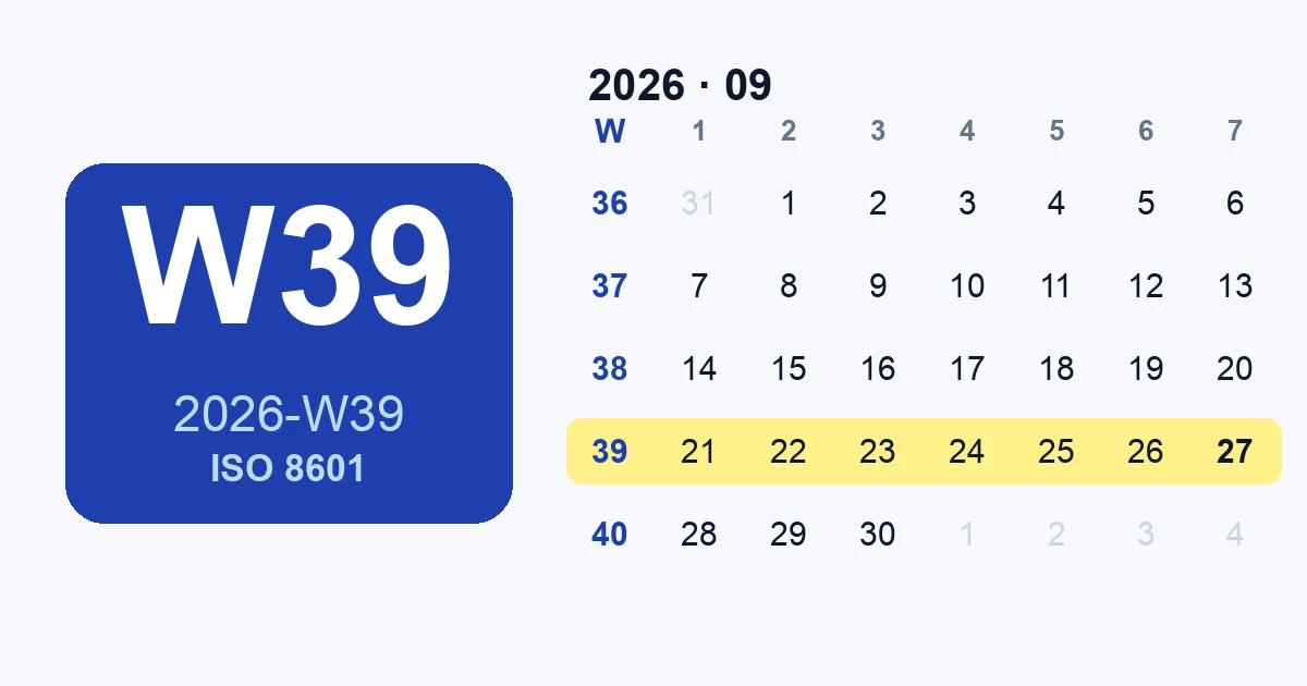 Egy kalender, ami a hét száma kolumnot mutat a hétfőtől szombatra, a hét 1 és a hét 52/53 a év végen.